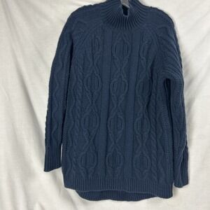LL Bean Cozy Fisherman Navy BLUE pull over CABLE KNIT SWEATER size Women's Lg